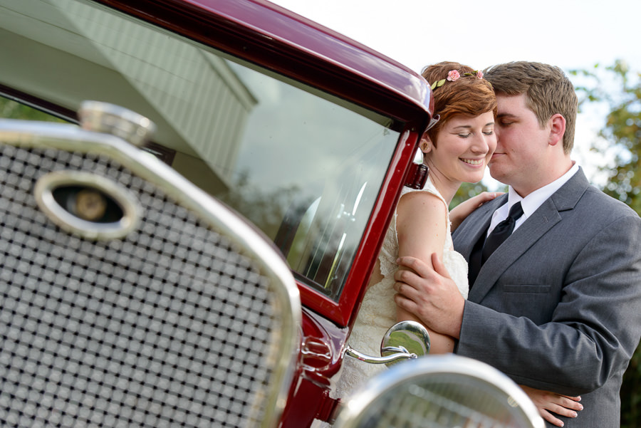 Bride and Groom Wedding Portrait with Classic Car at Spring Hill Wedding