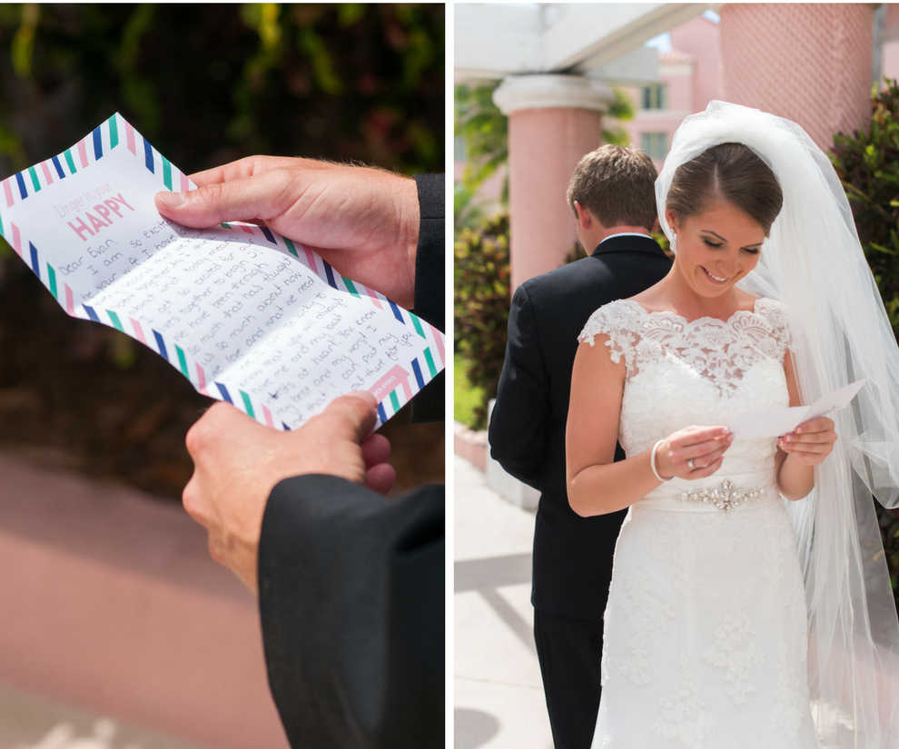 First Touch Wedding Day Portrait With Bride and Groom Letter | First Look Wedding Day Alternatives | St. Petersburg Wedding Photographer Caroline and Evan Photography