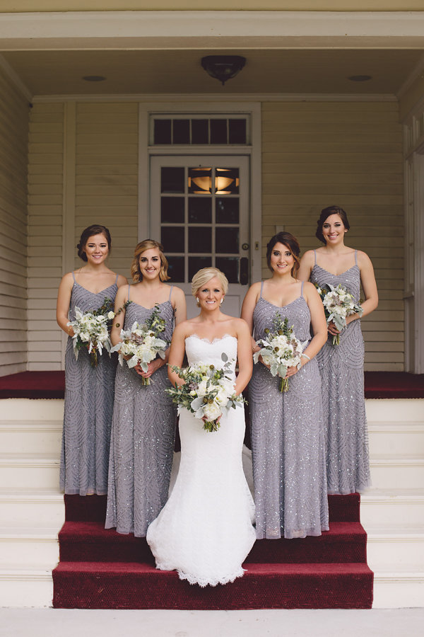 Bridal Party Wedding Portrait | Grey Beaded Adrianna Papell Bridesmaid Dresses and White Sweetheart Robert Bullock Lace Trumpet Wedding Dress with Ivory and Grey Wedding Bouquets | Grey and Gold Wedding Ideas