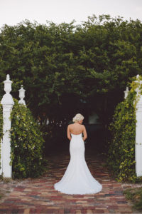 Outdoor Garden Bridal Wedding Portrait in White Trumpet Style Robert Bullock Lace Wedding Dress