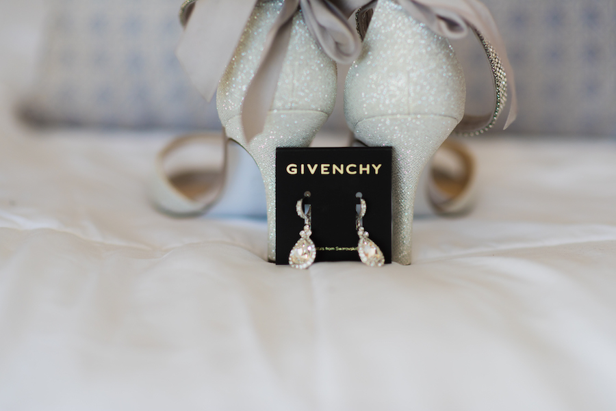 Bridal Jewelry: Teardrop Givenchy Earrings with Ivory and Silver Sparkle Open Toed Heels