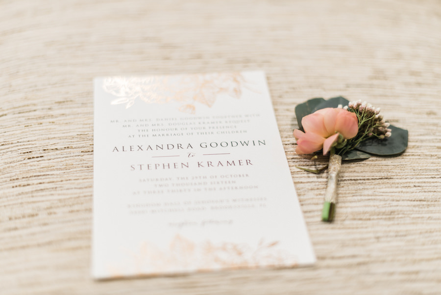 Gold and White Wedding Invitation Stationery and Blush Boutonniere
