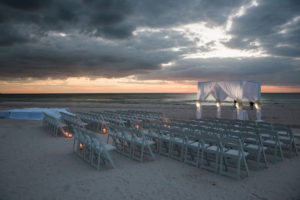 St. Pete Beach Outdoor Jewish Wedding Ceremony and Sunset with White Draped Chuppah | Iconic Hotel Wedding Venue | Loews Don CeSar Pink Palace Hotel