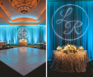 Blue Uplighting with Monogram GOBO Initial | Tampa Bay Wedding Lighting & Entertainment Nature Coast Entertainment Services
