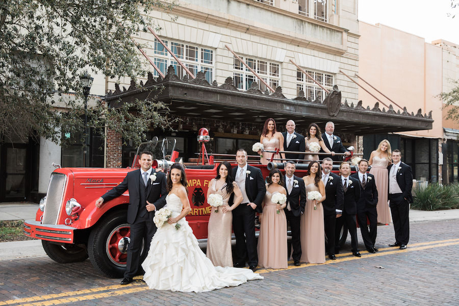 Bridal Wedding Party with Vintage Tampa Fire Truck | Firefighter Wedding Ideas | Downtown Tampa Wedding Planner Blush by Brandee Gaar