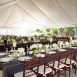 Outdoor, Tampa Hotel Wedding Reception Decor with Brown Chiavari Chairs, Grey Linens. and Ivory Floral Centerpieces | Tampa Chairs a Chair Affair, Tampa Rentals Coast to Coast Event Rentals, Tampa Linens Connie Duglin Linens