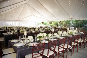 Outdoor, Tampa Hotel Wedding Reception Decor with Brown Chiavari Chairs, Grey Linens. and Ivory Floral Centerpieces | Tampa Chairs a Chair Affair, Tampa Rentals Coast to Coast Event Rentals, Tampa Linens Connie Duglin Linens