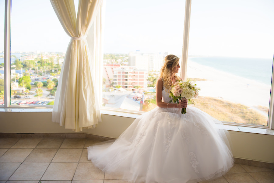Bridal Wedding Portrait in Ivory Wedding Dress with Tulle and Embroidery with Beachy Wedding Hair with Crystal Headband and Ivory Hydrangea Blush Pink Roses and Greenery Wedding Bouquet | Tampa Wedding Hair and Makeup Artist Michele Renee The Studio | Tampa Wedding Photographer Kera Photography