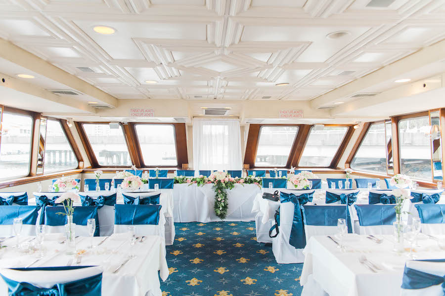 Navy and Nautical Wedding Reception Decor with Pink and Ivory Floral Centerpieces | Tampa Unique Waterfront Wedding Venue Yacht Starship