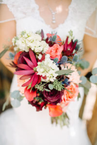 Pink, Burgundy Red, and Peach Coral Bridal Wedding Bouquet