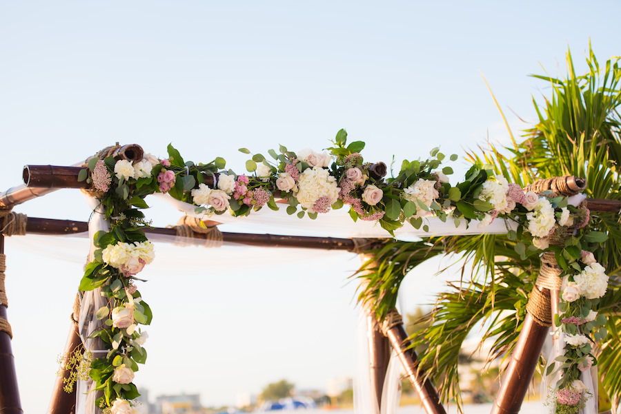 Rustic Beach Wooden Wedding Ceremony Arch with Blush, Ivory and Greenery Garland