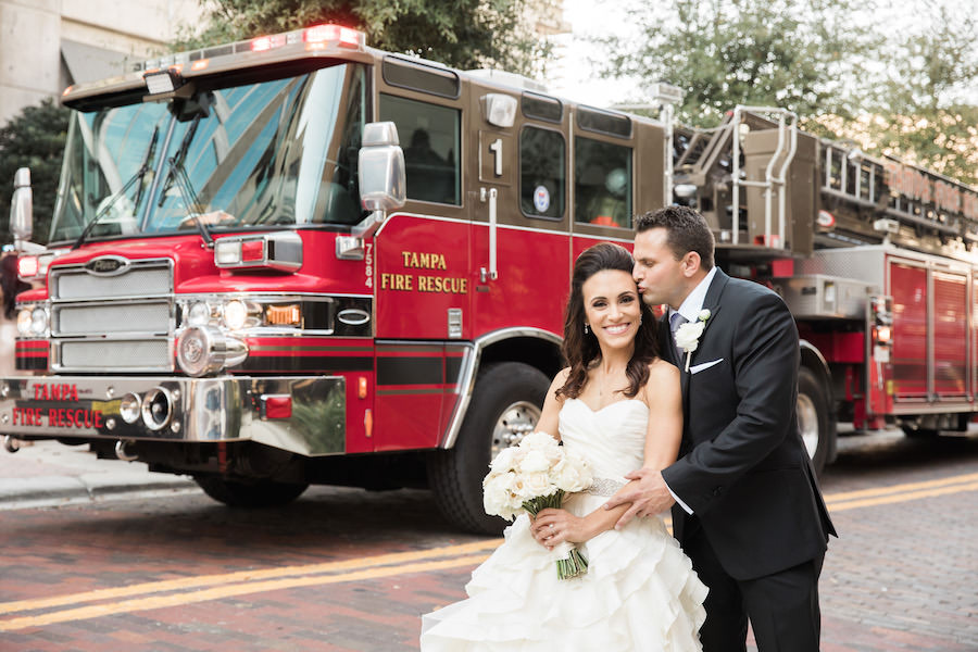 City of Tampa Firefighter Bride and Groom Wedding Portrait with Firetruck | Firefighter Wedding Ideas | Downtown Tampa Wedding Planner Blush by Brandee Gaar