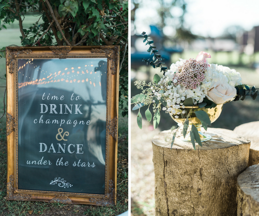 Wedding Reception Drink and Dancing Wedding Sign and White and Blush Floral Arrangement on Wooden Slab | Rustic Wedding Inspiration