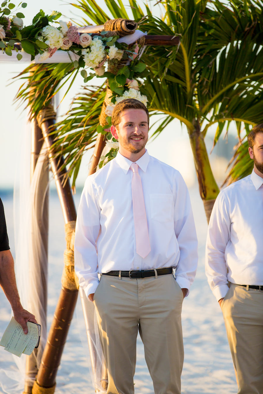 Florida Beach Wedding Groom Wedding Portrait in Khaki Pants and White Button Down Shirt with Pink Tie | Tampa Wedding Photographer Kera Photography