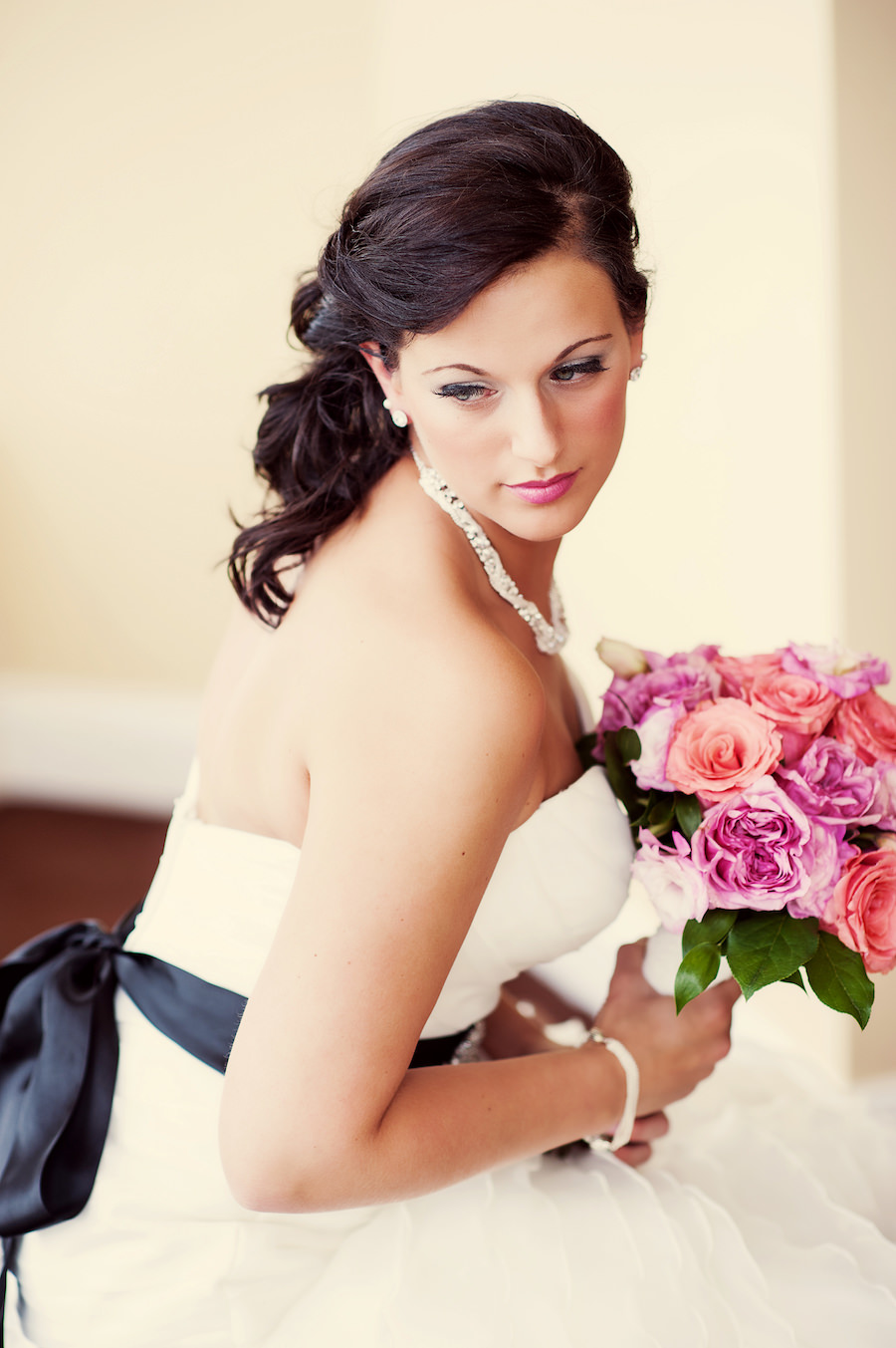Florida Classic Bride Wedding Portrait with Pink, Purple Wedding Bouquet and Black Sash on Wedding Dress | Tampa Bay Wedding Photographer Alexi Shields Photography