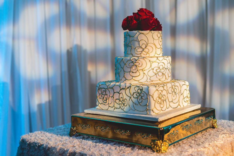 White and Gold Wedding Round and Square Cake wit Red Rose Cake Topper | Tampa Bay Wedding Cake Decorator A Piece of Cake