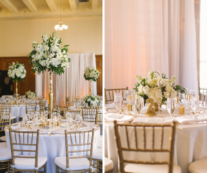 Indoor, Downtown Tampa Wedding Reception Decor with Gold Chiavari Chairs, Tall, White and Ivory Floral Centerpieces | Tampa Chair Rentals A Chair Affair