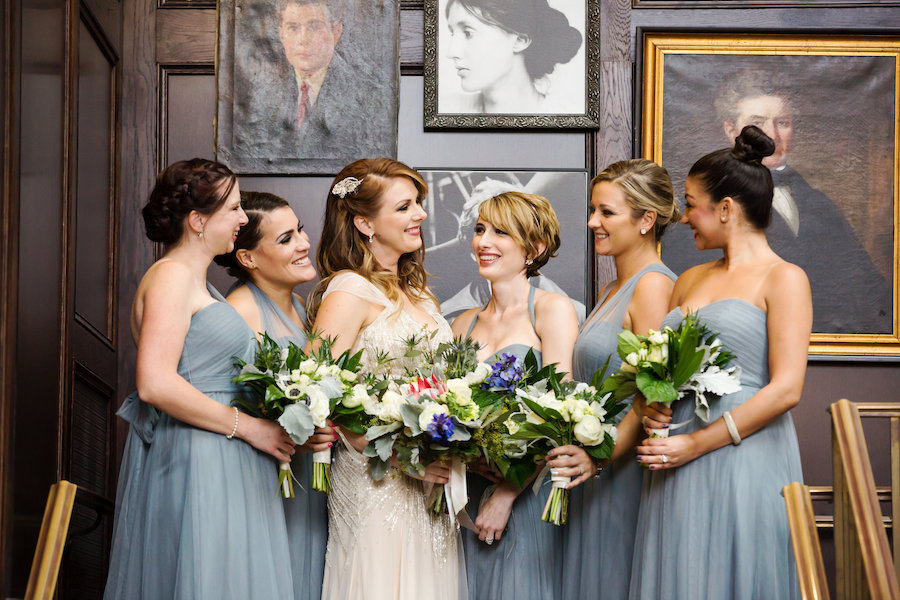 Vintage Inspired Bridal Party Wedding Portrait with Grey Blue Jenny Yoo Chiffon Bridesmaid Dresses and Ivory Beaded Jenny Packham Wedding Dress | South Tampa Wedding Makeup Artist Lindsay Does Makeup