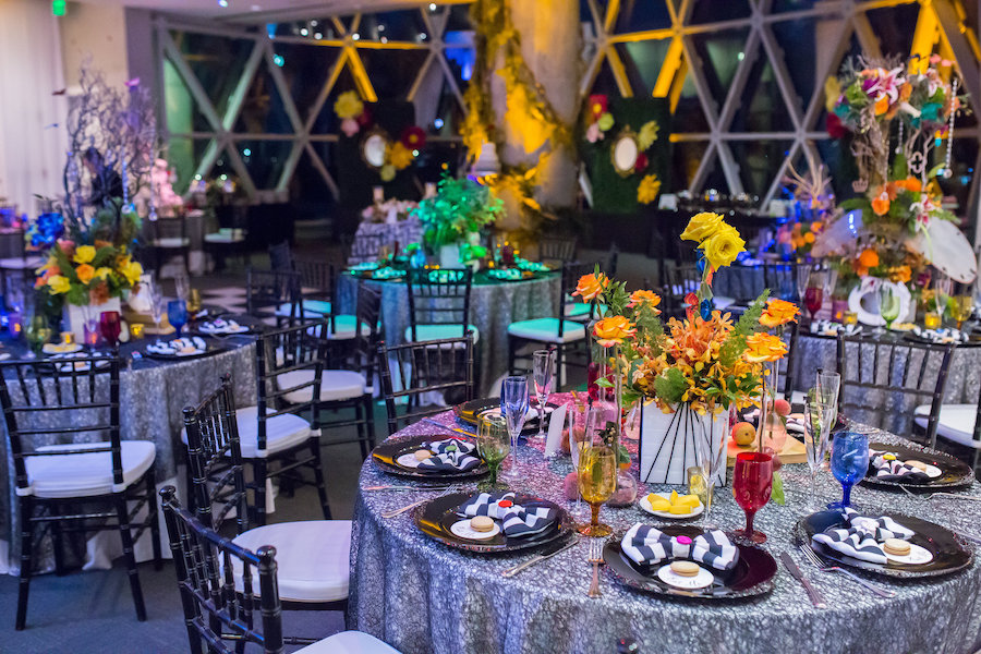 Alice in Wonderland Themed Whimsical Fairytale Wedding Reception Decor with Yellow and Orange Centerpieces | St. Petersburg Wedding Planner UNIQUE Weddings & Events | Downtown St. Pete Wedding Venue Dali Museum