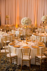 Elegant, Classic Traditional Gold and Ivory Wedding Reception Ideas and Inspiration with Tall Ivory Hydrangea Centerpieces and Gold Chiavari Chairs and Chargers | Downtown Tampa Wedding Venue The Floridian Palace | Tampa Wedding Planner by Blush by Brandee Gaar