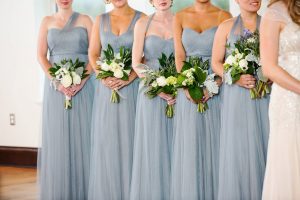 Bridal Party Wedding Portrait with Grey Blue Jenny Yoo Chiffon Bridesmaid Dresses and Ivory Bouquets with Greenery