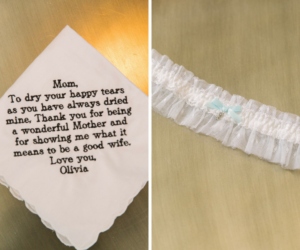 Personalized, Stitched Handkerchief From Bride to mom and White Garter Detail