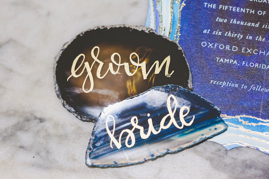 Blue Agate Stone Custom Wedding Place Cards for Bride and Groom