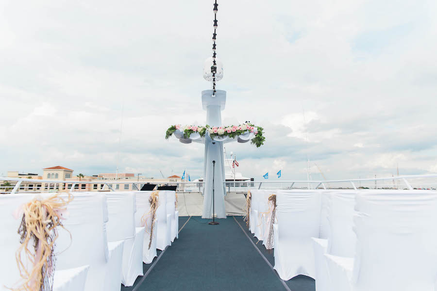 Outdoor, Nautical Wedding Ceremony on Yacht with White Chair Covers | Tampa Unique Waterfront Wedding Venue Yacht Starship