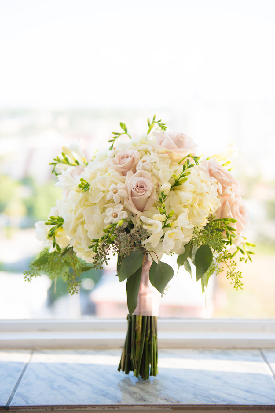 Ivory Hydrangeas and Blush Pink Roses with Greenery Wedding Bouquet with Pink Satin Ribbon