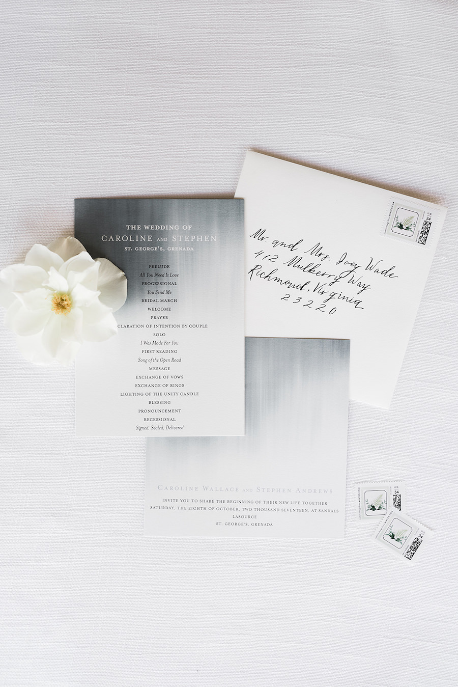 Modern Slate Grey and White Tropical Wedding Inspiration with Handwritten Calligraphy | Minted.com Wedding Invitation Stationery
