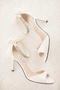 Ivory Peep Toe Open Toe Satin Wedding Shoes with Rhinestone Ankle Strap and Bow | Nina Vinnie Style Pump