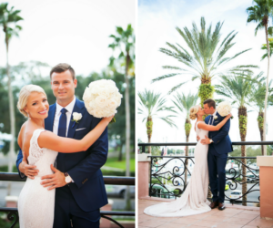 St. Pete Bride and Groom Wedding Portrait in Navy Blue Suit and Ivory Mikaella Wedding Dress with Ivory Rose Wedding Bouquet | Downtown St. Pete Wedding Photographer Limelight Photography