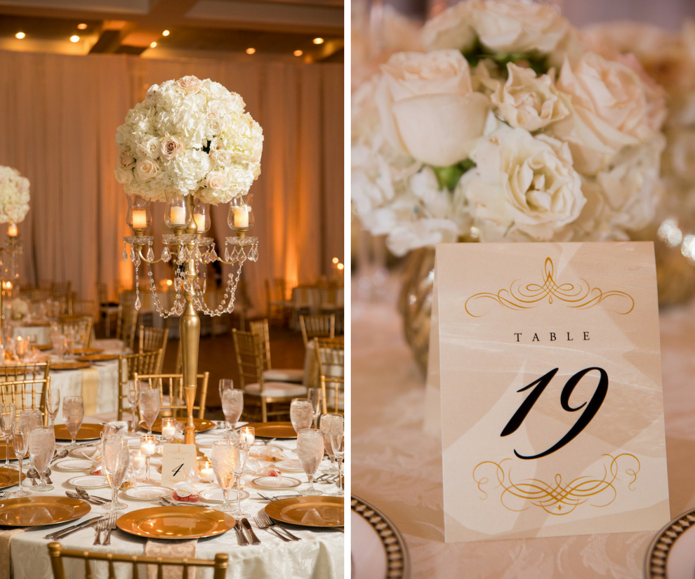 Elegant, Classic Traditional Gold and Ivory Wedding Reception Ideas and Inspiration with Tall Ivory Hydrangea Centerpieces and Gold Chiavari Chairs and Chargers | Downtown Tampa Wedding Venue The Floridian Palace | Tampa Wedding Planner by Blush by Brandee Gaar