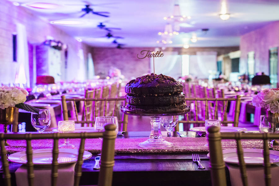 Three Tiered, Chocolate Turtle Cake Table Number Centerpiece | Unique Wedding Table Number Ideas
