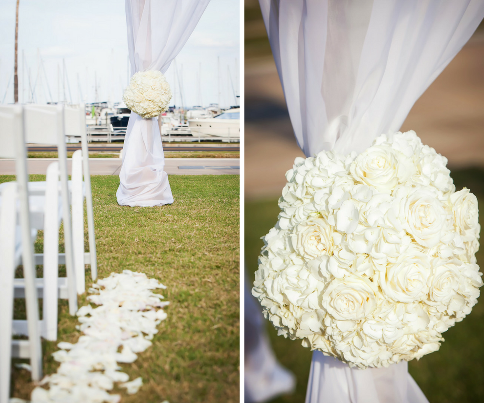 Outdoor, Waterfront Wedding Ceremony with Ivory Rose Aisle Decor and Draped Wedding Altar | Downtown St. Pete Wedding Venue Mahaffey Theater