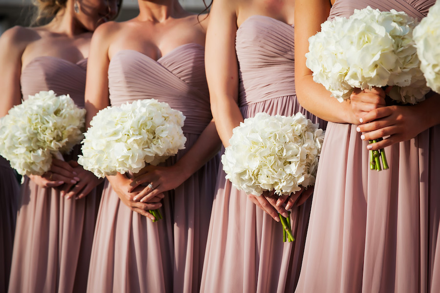 Bridesmaids with Dusty Rose Watters Chiffon Bridesmaids Dresses and Ivory Hydrangea Bouquets