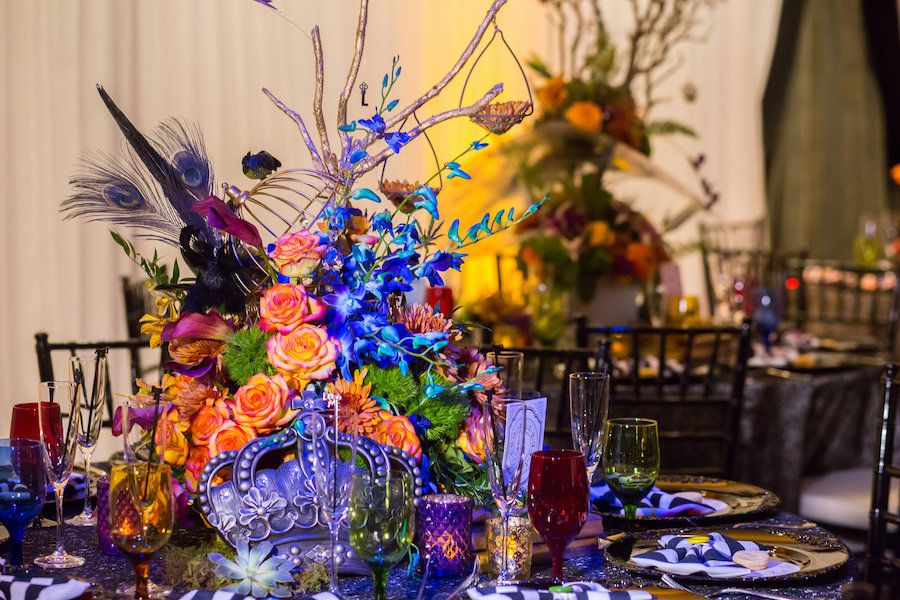 Alice in Wonderland Themed Whimsical Fairytale Wedding Reception Decor with Crown Centerpieces and Orange, Blue and Purple Centerpieces | St. Petersburg Wedding Planner UNIQUE Weddings & Events