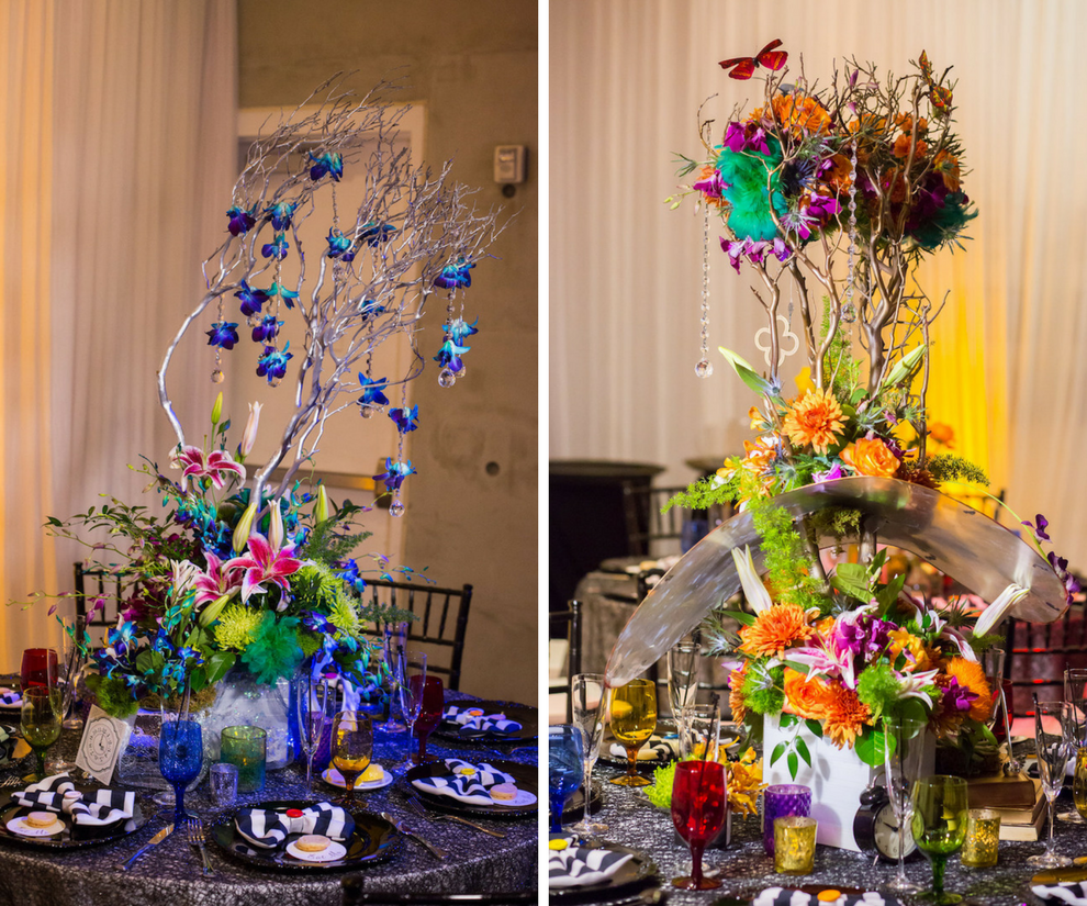 Alice in Wonderland Themed Whimsical Fairytale Wedding Reception Decor with Colorful Yellow, Orange, Blue and Purple Centerpieces | St. Petersburg Wedding Planner UNIQUE Weddings & Events