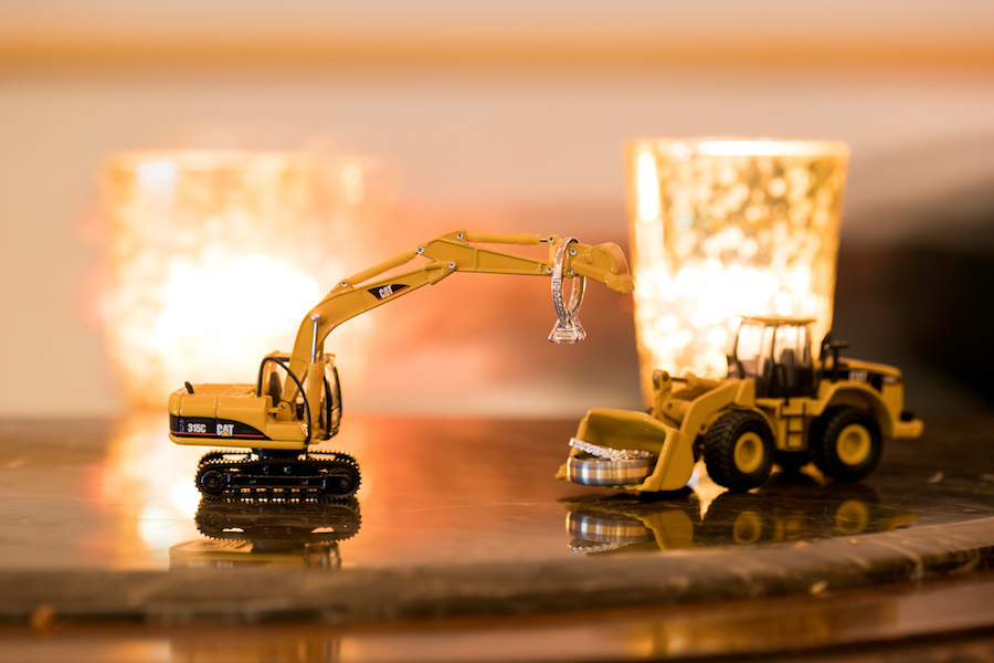 Engagement and Wedding Rings with CAT Bulldozer Figurines