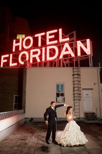 Downtown Tampa Bride and Groom Wedding Portrait at Rooftop of The Floridian Palace Hotel | Wedding Planner Blush by Brandee Gaar