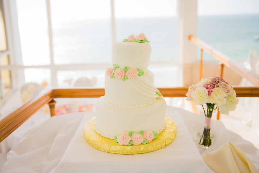 Three Tiered Round White Wedding Cake with Blush Floral Roses