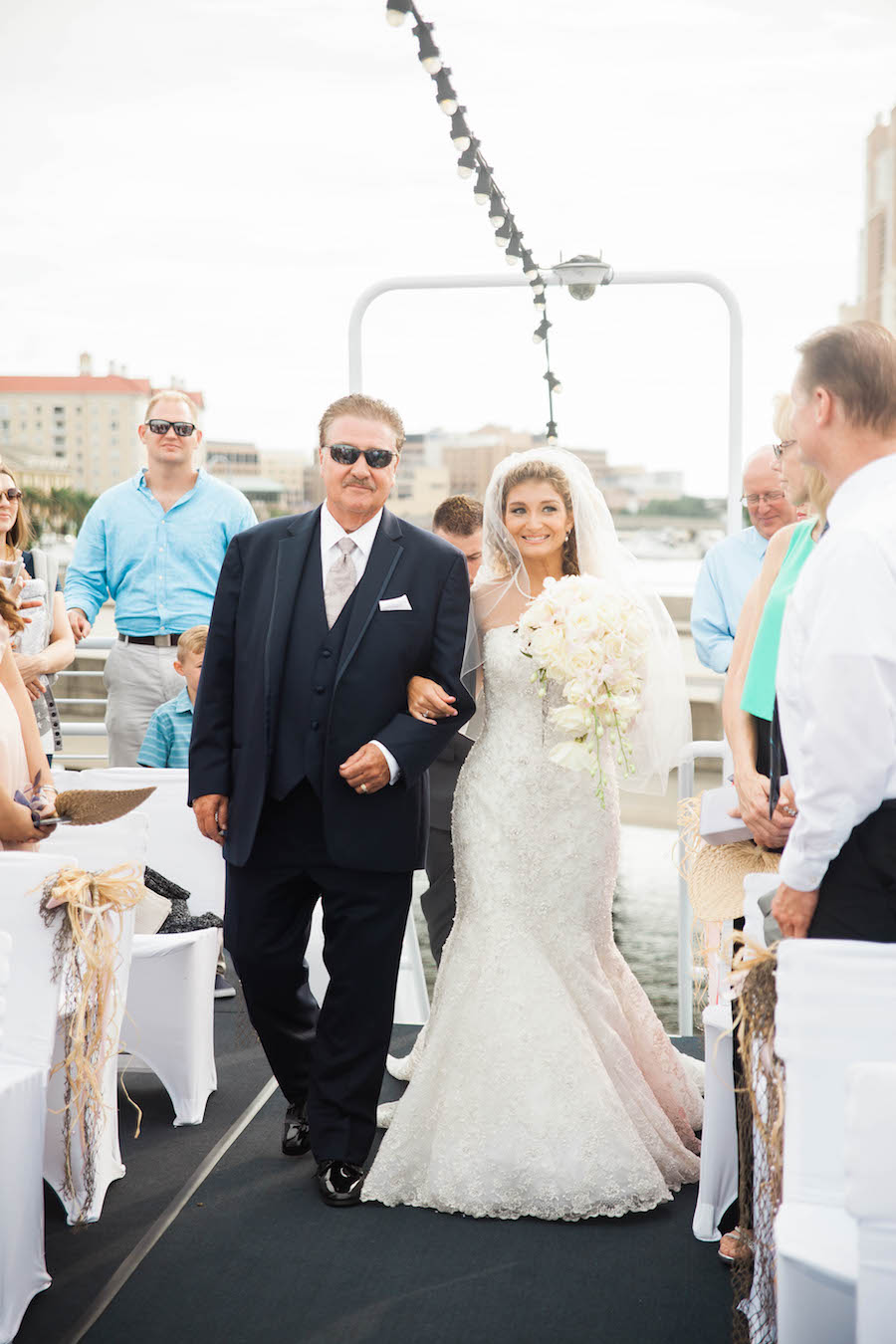 Outdoor, Nautical Wedding Ceremony with Bride and Father of Bride Walking Down the Aisle