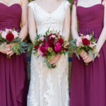 Bridesmaids and Bride Wedding Portrait in Berry Hued Bridesmaids Dresses with Small Lush Bouquets | Tampa Wedding Photographer Ivory Arrow Photography