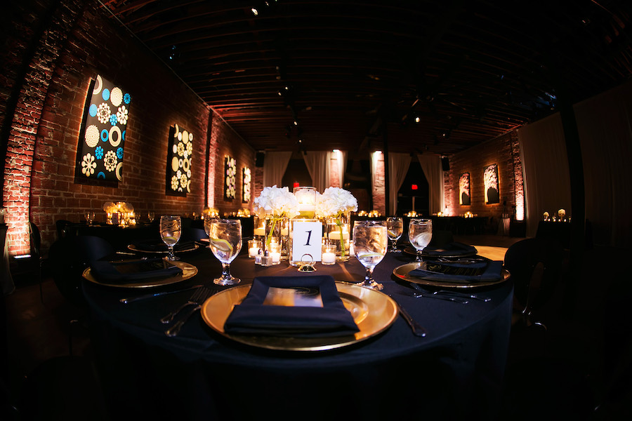 Ivory, Gold and Navy Wedding Reception with Hydrangea Centerpieces at Unique St. Pete Wedding Reception Venue NOVA 535 | Wedding Planner Exquisite Events | Photographer by Limelight Photography