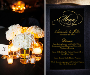 Ivory and Gold Wedding Reception Menu with White Hydrangea Centerpieces at Unique St. Petersburg Wedding Venue NOVA 535 | Photographer Limelight Photography
