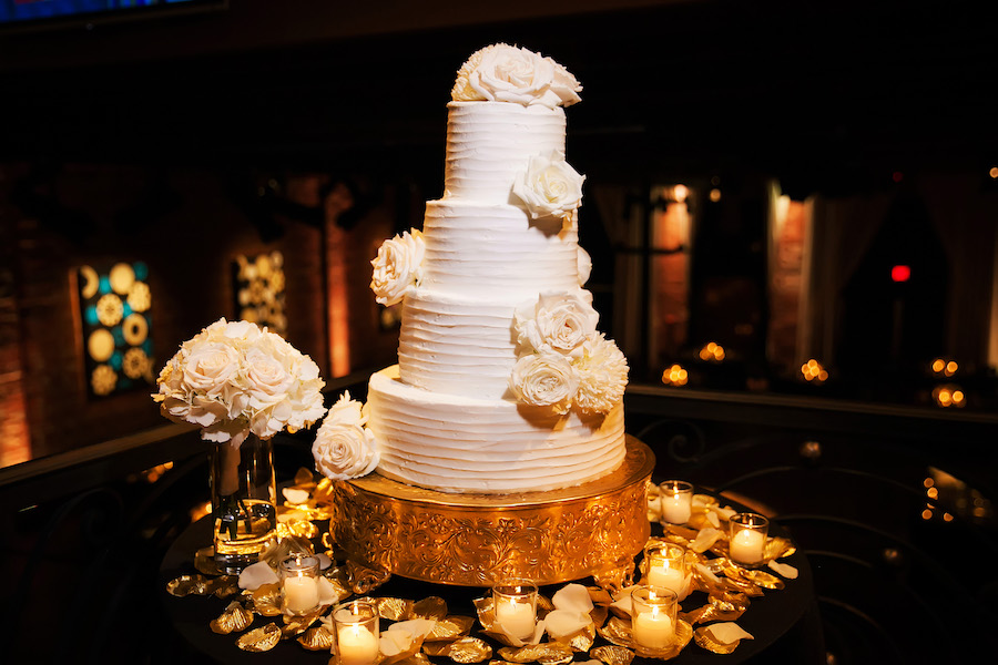 Four Tier Round White Wedding Cake with Roses on Gold Cake Stand | St. Petersburg Wedding Cake by Olympia Catering | Photographer Limelight Photography