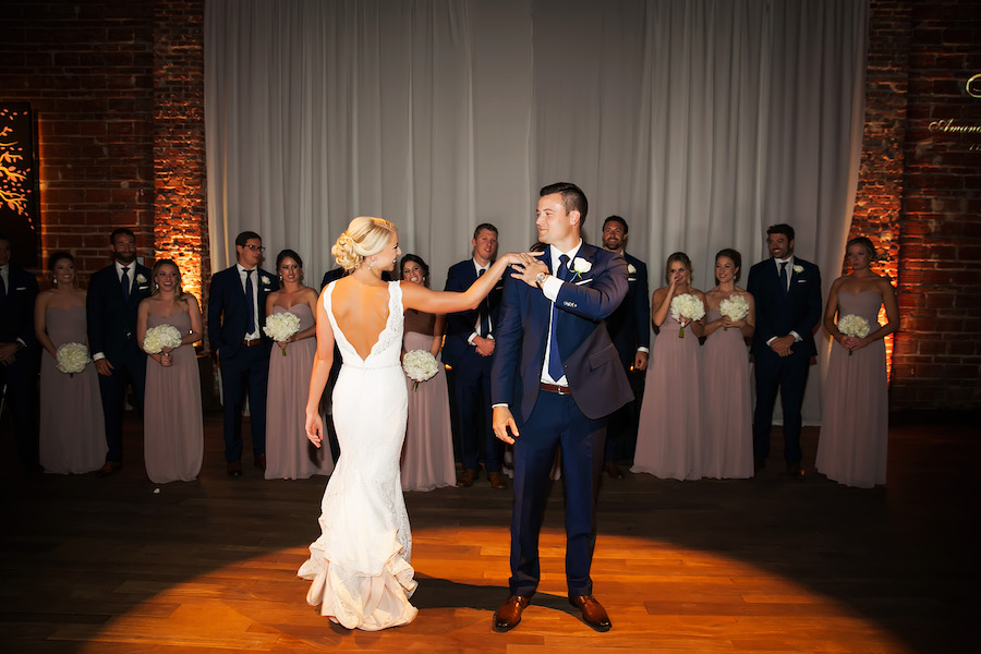 Bride and Groom First Dance Wedding Day Portrait at Unique Downtown St. Pete Wedding Reception Venue NOVA 535 | St. Petersburg Wedding Photographer Limelight Photography