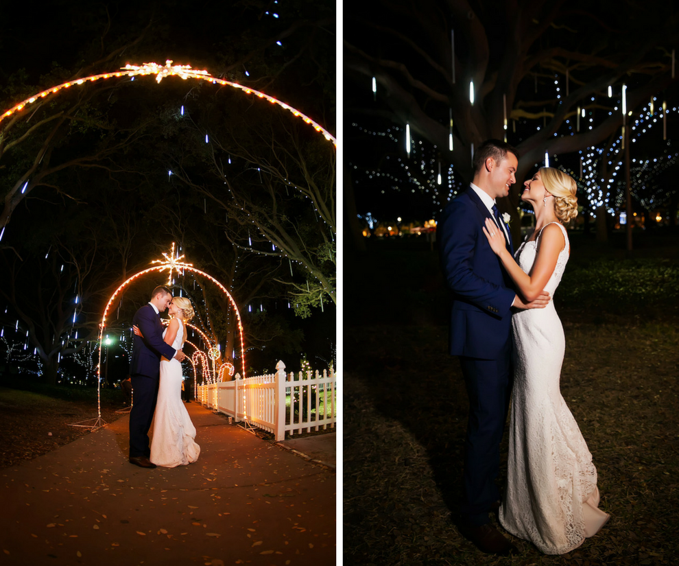Downtown St. Pete Bride and Groom Wedding Portrait Vinoy Park at Nighttime | Downtown St. Pete Wedding Photographer Limelight Photography