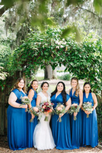 Bridal Party Wedding Portrait | Bride and Bridesmaids MisMatched Convertible Blue Dresses