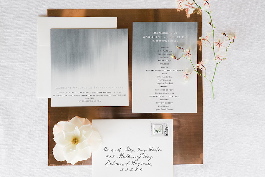 Modern Slate Grey and White Tropical Wedding Inspiration with Handwritten Calligraphy | Minted.com Wedding Invitation Stationery